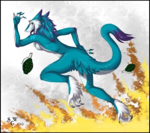 Rating: Safe Score: 0 Tags: anthro blue_body blue_fur e621 explosion explosives female fire fur grenade kymimary looking_back mammal sergal silvergrin solo tail tongue tongue_out weapon User: bunchy7s