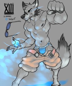 Rating: Safe Score: 0 Tags: 2012 abs angry anthro belt biceps black_body black_fur black_nose blue_eyes bottomwear canid canine clenched_teeth clothed clothing e-w01f e621 eyewear fist flexing fluffy fluffy_tail fur glasses glowing glowing_eyes grey_body grey_fur hi_res jockstrap magic male mammal muscular muscular_anthro muscular_male nipples pecs raised_arm raised_fist raised_hand shorts solo tail teeth topless underwear User: bunchy7s