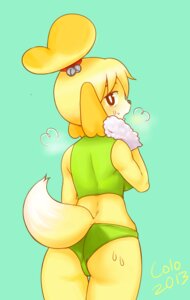 Rating: Questionable Score: 0 Tags: 2013 animal_crossing anthro bodily_fluids bra butt canid canine canis clothed clothed_anthro clothed_female clothing colo digital_media_(artwork) domestic_dog e621 female female_anthro first_person_view hair hair_bun hi_res isabelle_(animal_crossing) looking_back mammal nintendo shih_tzu solo sports_bra sweat tail towel toy_dog underwear User: bunchy7s