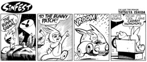 Rating: Safe Score: 0 Tags: anthro bench black_and_white clothing comic costume dialogue domestic_pig duo e621 english_text eyewear fursuit human lagomorph leporid male mammal monochrome rabbit sinfest slick_(sinfest) squigley_(sinfest) suid suine sunglasses superhero sus_(pig) tatsuya_ishida text User: bunchy7s