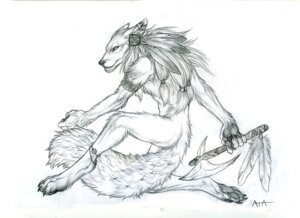 Rating: Safe Score: 0 Tags: anthro axe canid canine canis e621 feathers male mammal melee_weapon monochrome nude pigtails rukis simple_background smile smirk solo tail weapon white_background wolf User: bunchy7s