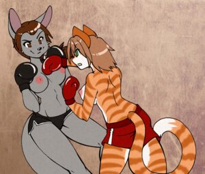 Rating: Explicit Score: 0 Tags: anthro boxing boxing_gloves breasts clothing digital_media_(artwork) duo e621 felid female handwear mammal nipples spazzykoneko sport tail User: bunchy7s