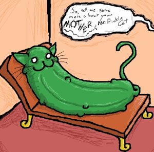 Rating: Safe Score: 0 Tags: ambiguous_gender dialogue domestic_cat e621 english_text etsukousagi felid feline felis food humor hybrid low_res lying mammal meme on_back pickle_(food) silly solo text therapy what User: bunchy7s