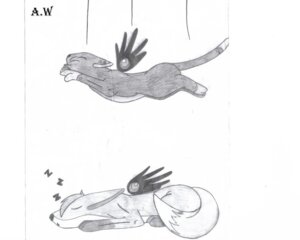 Rating: Safe Score: 0 Tags: ambiguous_gender canid canine domestic_cat duo e621 eyes_closed falling felid feline felis feral fox graphite_(artwork) humor ivxx_chimera_xxvi mammal monochrome quadruped simple_background sleeping tail traditional_media_(artwork) white_background User: bunchy7s