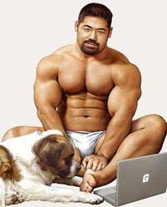Rating: Questionable Score: 0 Tags: beard canid canine canis clothing computer domestic_dog duo e621 electronics facial_hair feral human jiraiya_(artist) laptop low_res male mammal molosser mountain_dog muscular saint_bernard simple_background smile underwear white_background User: bunchy7s