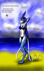 Rating: Safe Score: 0 Tags: 2010 anthro anthrofied aura_(snowfyre) beach bikini biped blue_body blue_fur claws clothed clothing cloud detailed_background e621 english_text female fur generation_2_pokemon hair hands_behind_head hi_res legendary_pokemon long_hair looking_at_viewer nintendo outside pokemon pokemon_(species) pokemorph purple_hair sand sea seaside shiny_pokemon skimpy sky snowfyre solo standing suicune swimwear text toe_claws two-piece_swimsuit water white_body white_fur User: bunchy7s