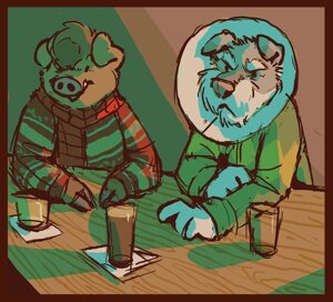 Rating: Safe Score: 0 Tags: alcohol anthro beer beverage border canid canine canis clothed clothing cone_of_shame detailed_background domestic_dog domestic_pig duo e621 female food grumpy louvelex male mammal medical_instrument orange_border pub scarf scientific_instrument suid suine sus_(pig) User: bunchy7s