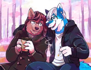 Rating: Safe Score: 0 Tags: anthro bench beverage canid canine canis cigarette coffee container cup disposable_cup duo e621 ear_piercing eyewear food glasses holding_container holding_cup holding_object male male/male mammal nikku on_bench open_mouth open_smile outside park piercing plant romantic romantic_ambiance romantic_couple smile smoke smoking super-tuler tree wolf User: bunchy7s
