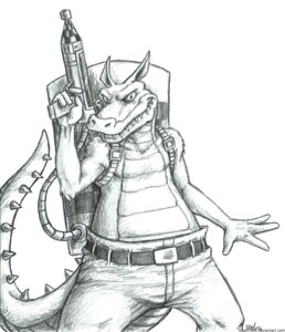 Rating: Safe Score: 0 Tags: activision anthro belt bottomwear canid canine canis clothed clothing crash_bandicoot_(series) crocodile crocodilian dingo dingodile e621 flamethrower greyscale holding_object holding_weapon hybrid jenl male mammal monochrome pants ranged_weapon reptile scalie sketch solo spikes tail teeth topless weapon User: bunchy7s