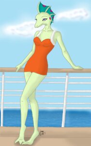 Rating: Safe Score: 0 Tags: 5:8 anthro biped boricuankitty clothing e621 female fin leaning myrna scalie solo standing swimwear the_adventures_of_t-rex User: bunchy7s
