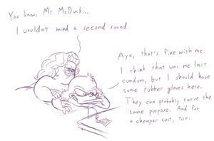 Rating: Questionable Score: 0 Tags: anatid anseriform anthro avian bentina_beakley bird disney duck ducktales ducktales_(1987) duo e621 elderly english_text eyewear female glasses male monochrome overweight overweight_female scrooge_mcduck slightly_chubby small_glasses text timoteihiv User: bunchy7s