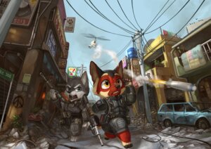 Rating: Safe Score: 0 Tags: activision aircraft anthro armor avian bird black_ops call_of_duty call_of_duty:_black_ops_ii canid canine canis car domestic_dog duo e621 gun helicopter male mammal missile parody ranged_weapon rubble silverfox5213 vehicle weapon wolf User: bunchy7s