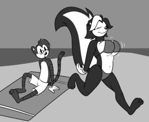 Rating: Questionable Score: 0 Tags: 2011 anthro beach bikini bouncing_breasts bouncy bra breasts clothed clothing domestic_cat duo e621 eyewear felid feline felis female glasses greta_(naughtyjester) greyscale male mammal mephitid monochrome naughtyjester on_towel outside seaside skimpy skunk sky swimwear tail tight_clothing toony towel two-piece_swimsuit underwear User: bunchy7s