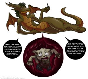 Rating: Questionable Score: 0 Tags: absurd_res anthro belly bodily_fluids crying davi_escorsin devoreu dialogue digestion domestic_cat dragon duo e621 english_text felid feline felis female female_pred hi_res male mammal melee_weapon mythological_creature mythological_scalie mythology open_mouth oral_vore scalie speech_bubble swallowing sword tail tears teeth text tongue url vore weapon User: bunchy7s