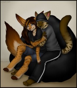 Rating: Safe Score: 0 Tags: ajna anthro bean_bag black_border border brown_hair clothing duo e621 felid female hair hat headgear headwear heart_symbol hug love male male/female mammal tail whiskers User: bunchy7s
