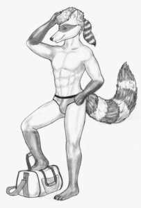 Rating: Questionable Score: 0 Tags: abs anthro bag biped briefs bulge clothed clothing conditional_dnp coonskin_cap cracky duffel_bag e621 facial_markings fluffy fluffy_tail full-length_portrait gloves_(marking) greyscale hand_on_head hand_on_hip hat head_markings headgear headwear leg_markings looking_at_viewer male mammal markings mask_(marking) monochrome portrait procyonid raccoon skimpy smile socks_(marking) solo standing step_pose striped_markings striped_tail stripes tail tail_markings topless underwear User: bunchy7s