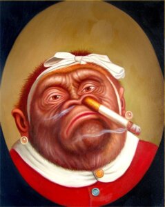 Rating: Safe Score: 0 Tags: ambiguous_gender anthro ape cigarette clothing donald_roller_wilson e621 gorilla haplorhine mammal primate red_eyes smoke smoking solo what_has_science_done User: bunchy7s