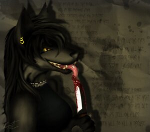 Rating: Questionable Score: 0 Tags: anthro black_body black_fur blood bodily_fluids canid canine canis clothing e621 ear_piercing female fur knife lucasit lyrics mammal megadeth music piercing she-wolf_(song) solo song tongue tongue_piercing wolf yellow_eyes User: bunchy7s