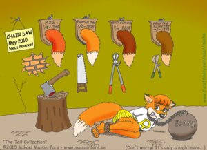 Rating: Questionable Score: 0 Tags: 2010 anthro award axe ball_and_chain blood bodily_fluids bound canid canine chopping_block clothed clothing collar digital_media_(artwork) dipstick_tail e621 english_text felling_axe female fox mammal markings melee_weapon micke peril rope saw scared solo submissive submissive_female tail tail_markings text tools trophy weapon User: bunchy7s