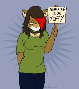 Rating: Safe Score: 0 Tags: 2007 angry anthro biped brown_hair canid canine canis clothed clothing collar domestic_dog e621 english_text eye_through_hair female hair hair_over_eye holding_object holding_sign humor it's_a_trap! kaye_devin looking_at_viewer mammal one_eye_obstructed red_hair shiba_inu sign simple_background solo spitz standing text translucent translucent_hair User: bunchy7s