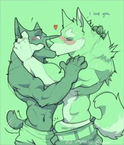 Rating: Questionable Score: 0 Tags: abs anthro biceps blush bulge canid canine canis claws clothed clothing dialogue domestic_dog duo e-w01f e621 english_text fur green_background green_eyes heart_symbol hug i_love_you kissing love male male/male mammal muscular pecs romantic romantic_couple simple_background tail tail_motion tailwag text topless wolf User: bunchy7s