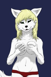Rating: Questionable Score: 0 Tags: 2:3 absurd_res anthro blonde_hair breasts canid canine canis clothing e621 female front_view fur green_eyes hair hi_res holding_breast mammal panties smile solo underwear wearethew white_body white_fur wolf User: bunchy7s