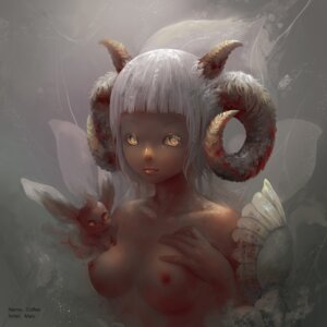 Rating: Questionable Score: 0 Tags: 1:1 breasts clothed clothing dark_body dark_skin e621 fantasy female glowing glowing_eyes hair horn looking_at_viewer maluaya nipples solo topless white_hair wings User: bunchy7s