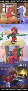 Rating: Safe Score: 0 Tags: 2013 ask_pun book clothing comic cutie_mark duo e621 earth_pony english_text equid equine fan_character female feral fire group hasbro hi_res horn horse inside male mammal muffinshire my_little_pony mythological_creature mythological_equine mythology outside pony pun_pony quadruped snow tail text tumblr unicorn User: bunchy7s
