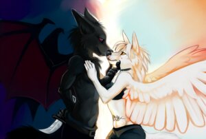 Rating: Safe Score: 0 Tags: anthro black_body black_fur black_nose canid canine canis clothed clothing collar demicoeur digital_media_(artwork) duo e621 eye_contact feathered_wings feathers female fur hands_behind_back hug knife looking_at_another male mammal melee_weapon membrane_(anatomy) membranous_wings romantic romantic_couple side_view tail tattoo topless weapon wings wolf wolfe_thane_(wolfethane) User: bunchy7s