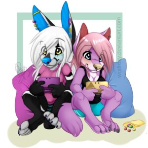 Rating: Safe Score: 0 Tags: 1:1 2014 accessory anthro blue_eyes blush candy canid canine canis clothing dessert digital_media_(artwork) duo e621 electronics female food fox fur game_console gaming hair lgbt_pride long_hair mammal nintendo nintendo_3ds nintendo_ds_family pansexual_pride_colors piercing pillow pink_body pink_fur pink_hair playing_video_game pride_color_accessory pride_color_piercing pride_colors purple_body purple_fur roxy_bradingham selena_shadowpaw smile white_hair wolf wolflady yellow_eyes User: bunchy7s