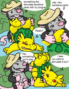 Rating: Explicit Score: 0 Tags: american_opossum anthro bamga clothing comic dialogue duo e621 english_text erection fur gaius_(argon_vile) genitals grey_body grey_fur guil_bunny_(artist) hat headgear headwear interspecies male male/male mammal marsupial massage multiple_scenes penis red_eyes reptile scalie tail text turtle virginia_opossum wereturtle yellow_body User: bunchy7s