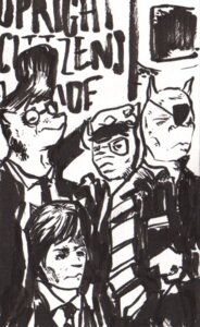 Rating: Safe Score: 0 Tags: accessory anthro black_clothing black_eyes black_hair black_necktie black_tie_(suit) clothed clothing collared_shirt crossed_arms dot_eyes dress_shirt e621 english_text eye_patch eyebrows eyewear frown glasses group hair hand_behind_head hat headgear headwear hottapwater looking_at_viewer looking_up male mammal monochrome necktie pointy_ears pompadour shirt short_hair simple_background simple_eyes sketch standing stubble suit text text_in_background topwear upright_citizens_brigade white_background white_body white_clothing white_face white_shirt white_topwear User: bunchy7s