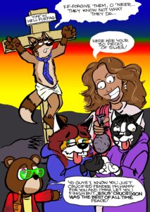 Rating: Safe Score: 0 Tags: anthro chewfox christianity cross crucifixion derp_eyes detailed_background digital_media_(artwork) dropout_bear e621 english_text eyewear female fender furaffinity group homophobic_slur human humor kanye_west mammal mascot nailed politics religion sacrilegious satire shutter_shades tail text tomcat_(artist) toony tyra_banks what User: bunchy7s