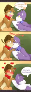 Rating: Safe Score: 0 Tags: 2010 3_panel_comic anthro blue_eyes blush brown_body brown_fur canid canine canis collar comic dialogue domestic_cat domestic_dog duo e621 ende english_text exclamation_point eyes_closed felid feline felis female flat_chested fur grape_jelly_(housepets!) hand_holding heart_symbol hi_res housepets! kiss_on_lips kissing love male mammal multicolored_body multicolored_fur open_mouth peanut_butter_(housepets!) purple_body purple_fur smooch_(sound_effect) speech_bubble surprise_kiss surprised tan_body tan_fur text two_tone_body two_tone_fur whiskers white_body white_fur yellow_eyes User: bunchy7s