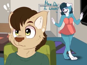 Rating: Safe Score: 0 Tags: 2014 4:3 anthro breasts canid canine canis cleavage clothed clothing domestic_cat domestic_dog duo e621 felid feline felis female fur hair hi_res kalven komdog maeve male mammal open_mouth standing User: bunchy7s