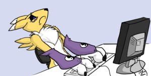 Rating: Safe Score: 0 Tags: anthro armwear bandai_namco black_sclera blue_eyes bridal_gauntlets canid canine chair chest_tuft clothing computer computer_keyboard computer_monitor countershading digimon digimon_(species) digital_media_(artwork) e621 electronics female flat_screen_monitor frown fur furniture horrified mammal monitor multicolored_body multicolored_fur office_chair reaction_image renamon signature simple_background solo tuft two_tone_body two_tone_fur white_background white_body white_fur yellow_body yellow_fur yellowdog yin_yang User: bunchy7s