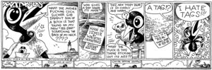 Rating: Safe Score: 0 Tags: 2006 ambiguous_gender angry anthro avian bad_metadata beak biped bird black_and_white border chair clothed clothing clothing_tag comic corvid corvus_(genus) crow decapitation dialogue drinky drinky_crow duo e621 english_text furniture humor maakies missing_sample monochrome open_mouth oscine passerine pen_(artwork) plushie plushie_tag profanity pun scissors shirt shirt_logo shirt_tag solo_focus speech_bubble surprised text tony_millionaire topwear traditional_media_(artwork) violence water white_border yelling User: bunchy7s