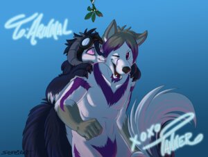 Rating: Safe Score: 0 Tags: 2010 anthro arinmal biped black_body black_fur blue_background conditional_dnp digital_media_(artwork) dragon duo e621 ears_up eyewear fenra fur goggles hand_on_shoulder horn kiss_on_cheek kissing kissing_bough male mistletoe mythological_creature mythological_scalie mythology northern_ice_fenra nude pink_eyes plant purple_eyes scalie sefeiren signature simple_background tail tail_tuft tanner_(sefeiren) tuft white_body white_fur User: bunchy7s