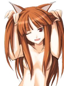 Rating: Questionable Score: 0 Tags: 1girls animal_ears bad_hands breasts brown_hair convenient_censoring cute_fang female flat_chest hair_over_breasts holo long_hair nude red_eyes ribi rule34 solo spice_and_wolf wink wolf_ears User: bunchy7s