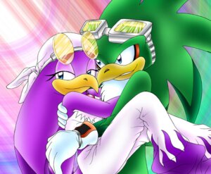 Rating: Safe Score: 0 Tags: accipitrid accipitriform anthro avian beak bird blue_eyes bottomwear chest_tuft clothing duo e621 eyewear female flame_pattern fur gloves goggles green_body half-closed_eyes handwear hirundinid hug jet_the_hawk kerchief male narrowed_eyes oscine pants passerine purple_body romantic romantic_couple sega sonic_riders sonic_the_hedgehog_(series) sunglasses swallow_(bird) taleea tuft wave_the_swallow User: bunchy7s