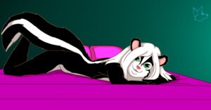 Rating: Questionable Score: 0 Tags: ambiguous_gender anthro bed biped black_body black_fur e621 fluffy fluffy_tail fur furniture green_eyes hair inside lonefox looking_aside looking_at_viewer lying mammal mephitid nude on_bed on_front pillow pink_nose side_view skunk smile solo striped_skunk tail toony white_body white_fur white_hair User: bunchy7s