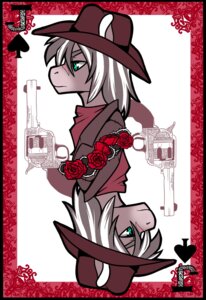 Rating: Safe Score: 0 Tags: black_border border card card_template clothing cowboy_hat e621 earth_pony equid equine fan_character feral flower frown fur furgonomics green_eyes gun hair handgun hasbro hat headgear headwear horse jack_of_spades long_hair male mammal monstrenoir my_little_pony plant playing_card playing_card_template pony ranged_weapon revolver rose_(flower) scar solo spades_(suit) suit_symbol symmetry symmetry_(rotational) weapon User: bunchy7s