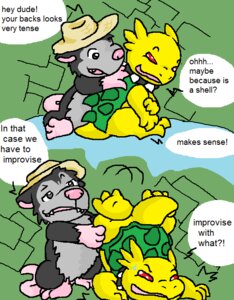 Rating: Safe Score: 0 Tags: american_opossum anthro bamga clothing comic dialogue duo e621 english_text fur gaius_(argon_vile) grey_body grey_fur guil_bunny_(artist) hat headgear headwear male mammal marsupial massage multiple_scenes red_eyes reptile scalie tail text turtle virginia_opossum wereturtle yellow_body User: bunchy7s