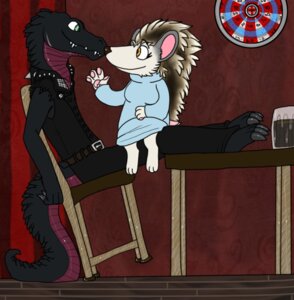 Rating: Safe Score: 0 Tags: alcohol beer beverage chair clothing crocodile crocodilian dartboard duo e621 eulipotyphlan female food furniture hedgehog leaning male mammal metal reptile scalie short skyfolk spikes studs table tail tall topwear vest vonderdevil User: bunchy7s