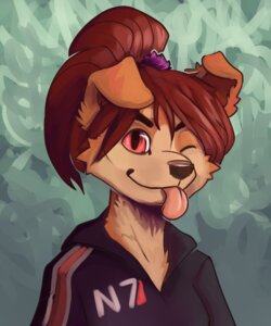 Rating: Safe Score: 0 Tags: 5:6 absurd_res accessory anthro bioware canid canine canis domestic_dog e621 electronic_arts female hair_accessory hairband herutastic hi_res mammal mass_effect one_eye_closed red_eyes solo tongue tongue_out User: bunchy7s