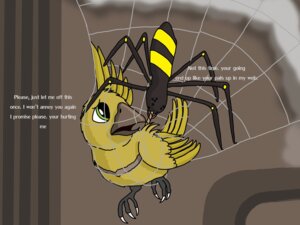 Rating: Questionable Score: 0 Tags: 4:3 ambiguous_gender arachnid arthropod avian bird claws dialogue duo e621 english_text feral green_eyes imminent_death killing mistydash spider sucking text User: bunchy7s