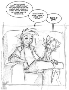 Rating: Safe Score: 0 Tags: 2006 anonymous anthro black_and_white conditional_dnp domestic_cat duo e621 english_text felid feline felis female graphite_(artwork) guy_fawkes guy_fawkes_mask hair human jollyjack kat_vance male mammal mask mental_illness monochrome psychosis sequential_art simple_background sketch text toony traditional_media_(artwork) User: bunchy7s