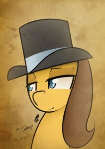 Rating: Safe Score: 0 Tags: blue_eyes brown_hair clothing e621 english_text equid equine fan_character female feral fur hair half-closed_eyes hasbro hat headgear headwear horse mammal my_little_pony narrowed_eyes pony ppdraw simple_background smile solo text textured_background top_hat yellow_body yellow_fur User: bunchy7s