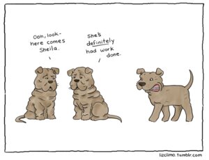 Rating: Safe Score: 0 Tags: ambiguous_gender canid canine canis dialogue domestic_dog e621 english_text female feral group humor liz_climo mammal open_mouth quadruped simple_background tail teeth text tongue url white_background User: bunchy7s