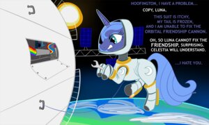 Rating: Safe Score: 0 Tags: 5:3 blue_hair detailed_background e621 english_text equid equine female feral friendship_cannon friendship_is_magic hair hasbro horn mammal my_little_pony mythological_creature mythological_equine mythology nuclearsuplexattack orbit princess_luna_(mlp) quadruped solo space spacesuit tail text tools toony unicorn User: bunchy7s
